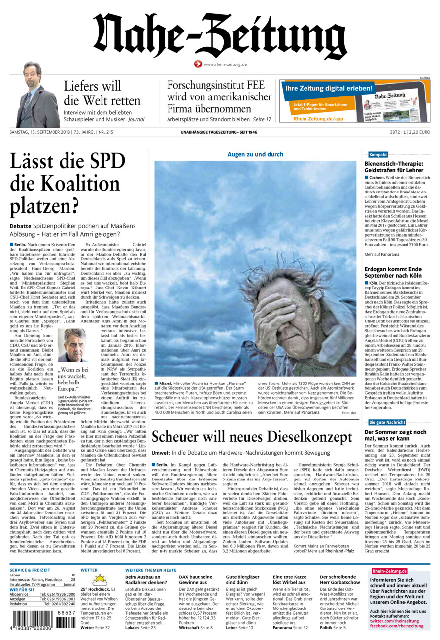 Nahe-Zeitung vom Samstag, 15.09.2018