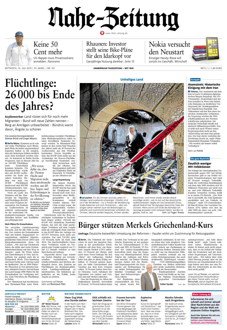 Nahe-Zeitung vom Mittwoch, 15.07.2015