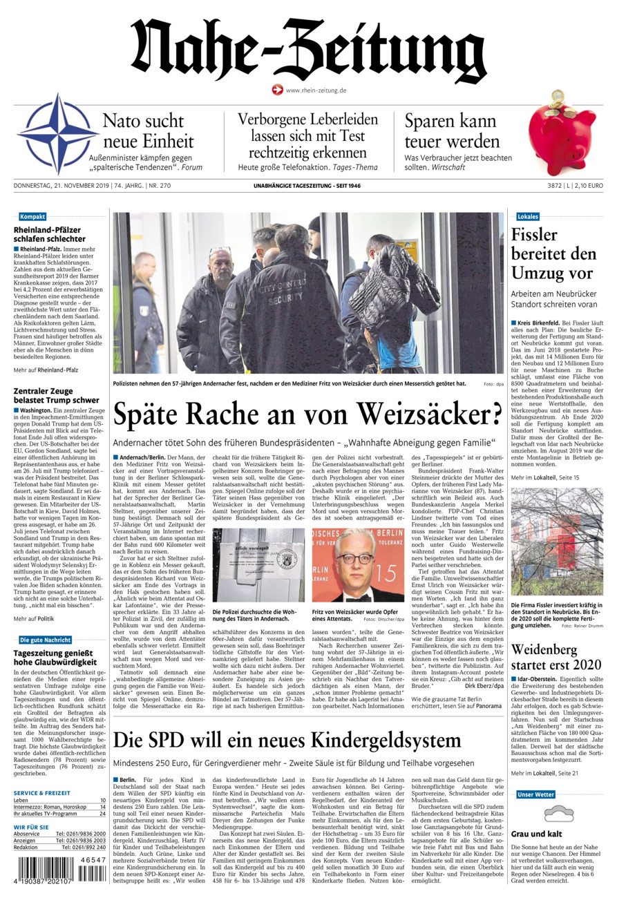 Nahe-Zeitung vom Donnerstag, 21.11.2019