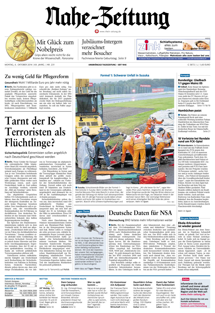 Nahe-Zeitung vom Montag, 06.10.2014