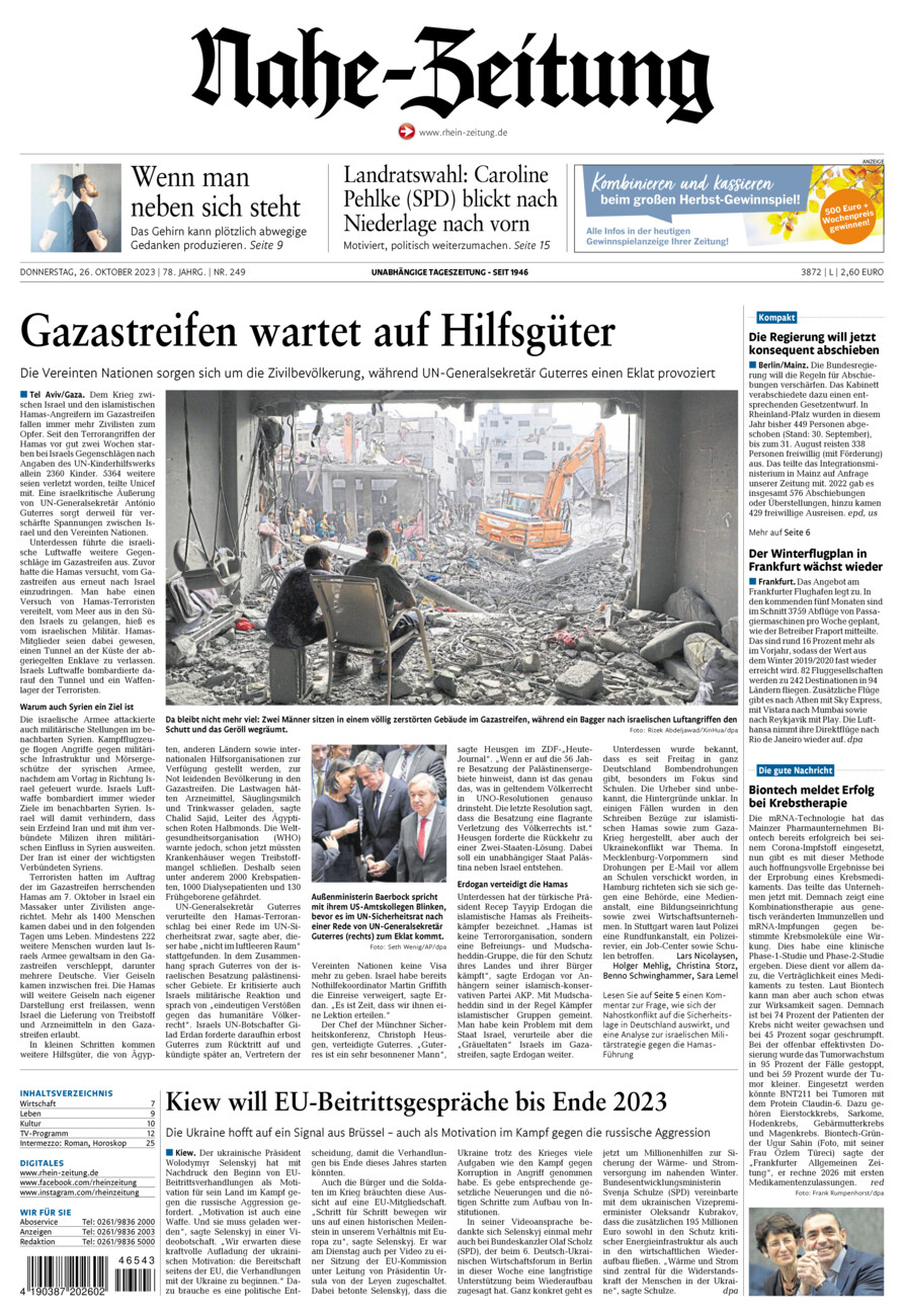 Nahe-Zeitung vom Donnerstag, 26.10.2023