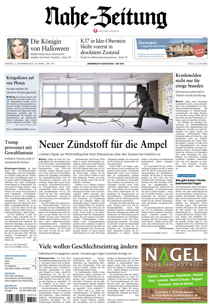 Nahe-Zeitung vom Samstag, 02.11.2024