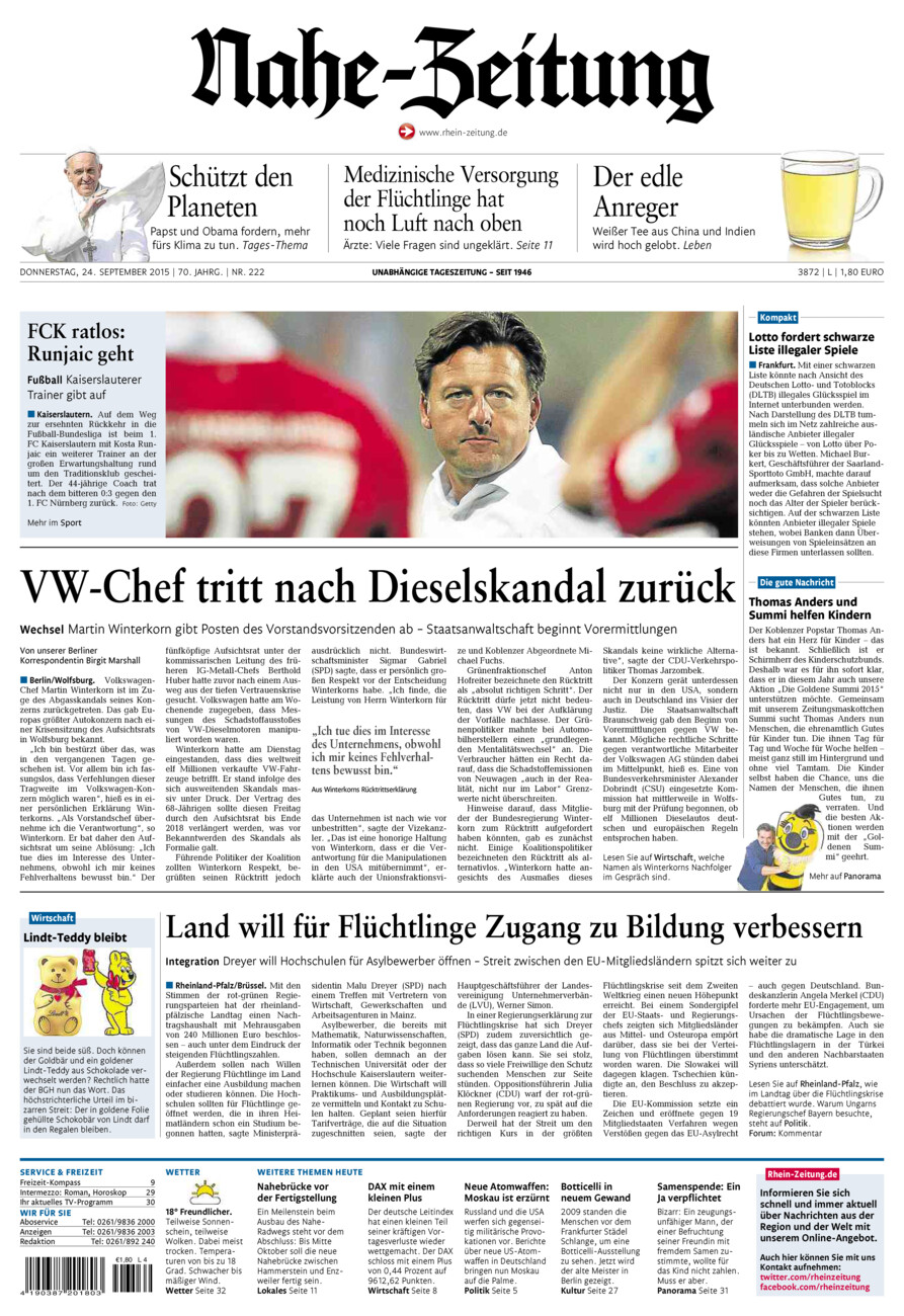 Nahe-Zeitung vom Donnerstag, 24.09.2015