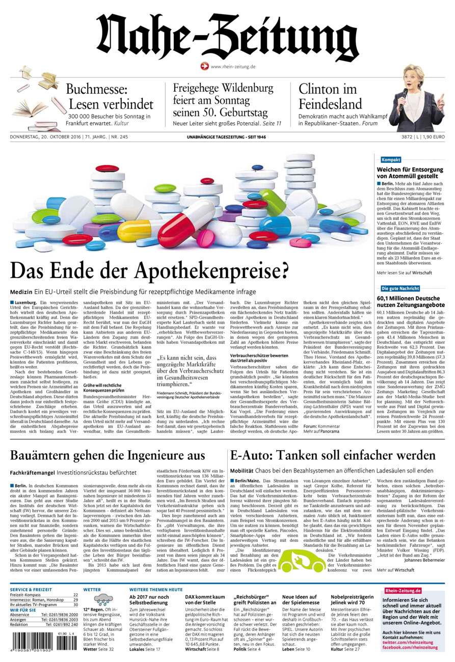Nahe-Zeitung vom Donnerstag, 20.10.2016