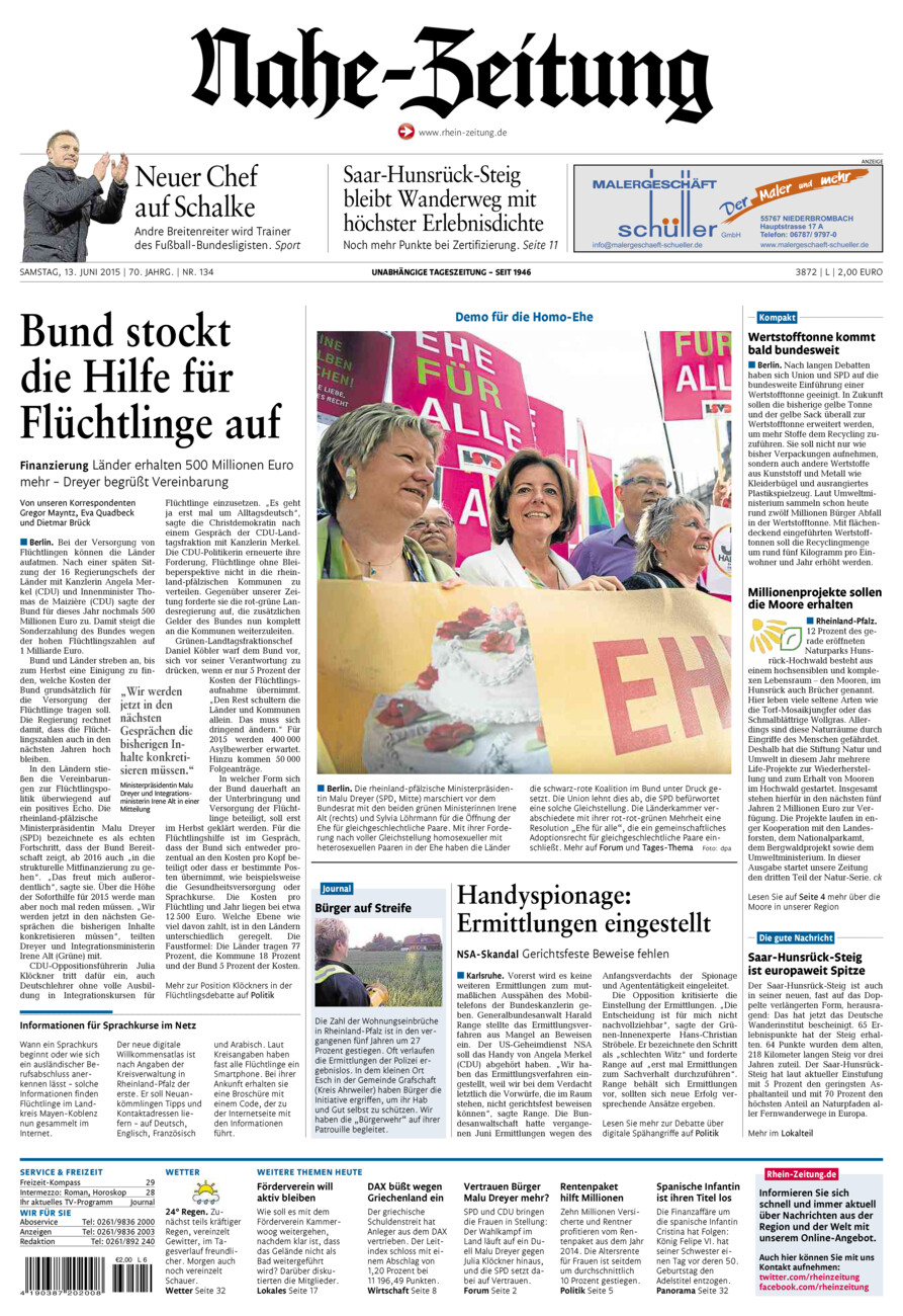 Nahe-Zeitung vom Samstag, 13.06.2015