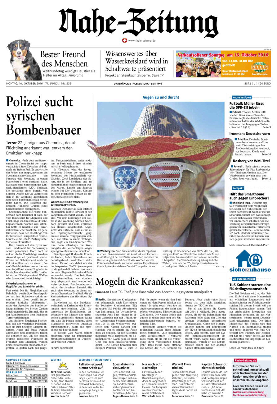 Nahe-Zeitung vom Montag, 10.10.2016