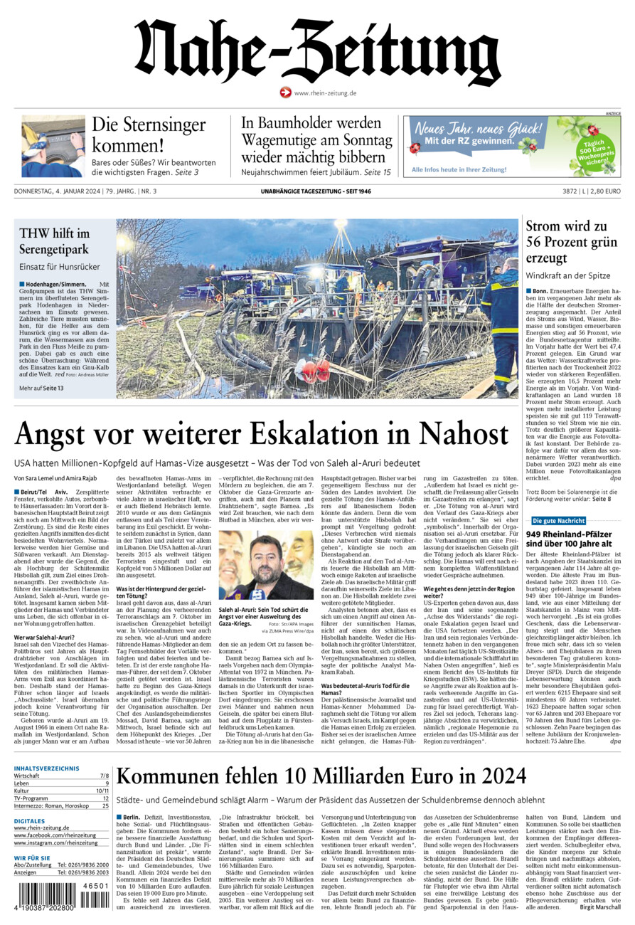 Nahe-Zeitung vom Donnerstag, 04.01.2024