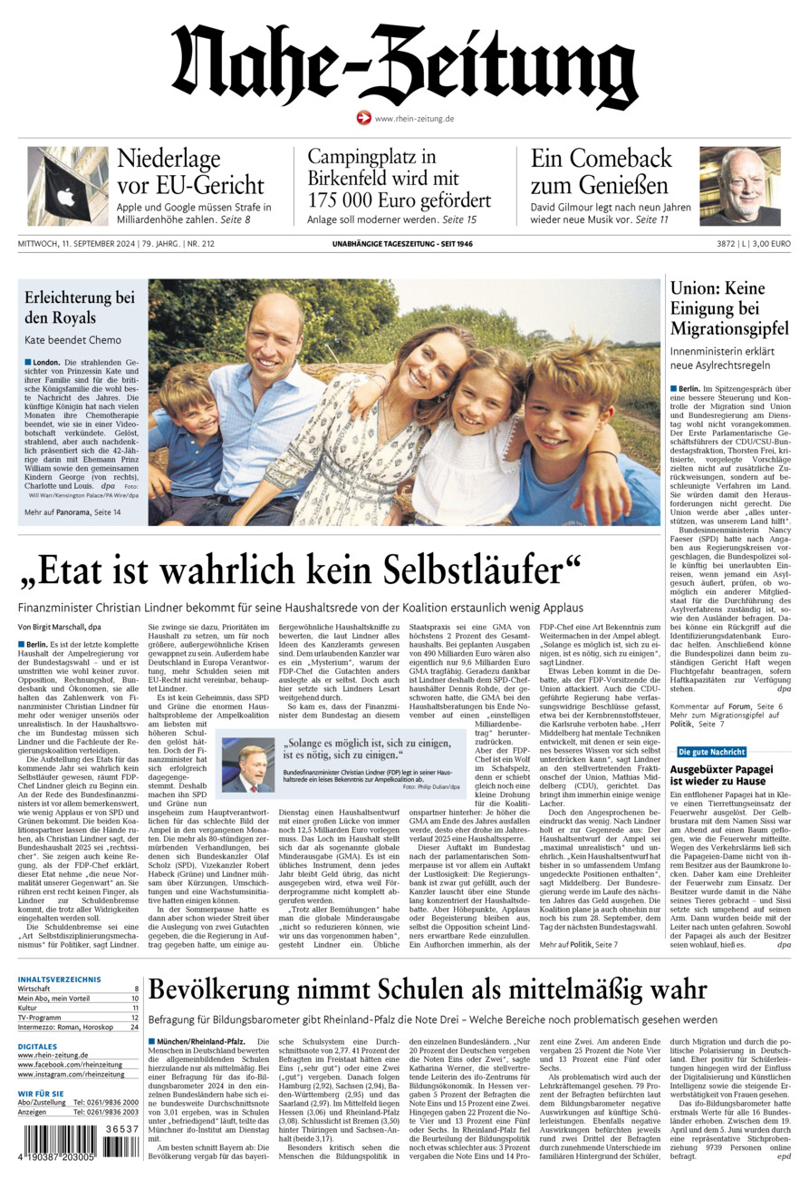 Nahe-Zeitung vom Mittwoch, 11.09.2024