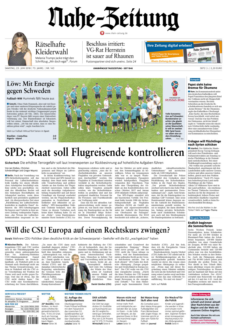 Nahe-Zeitung vom Samstag, 23.06.2018