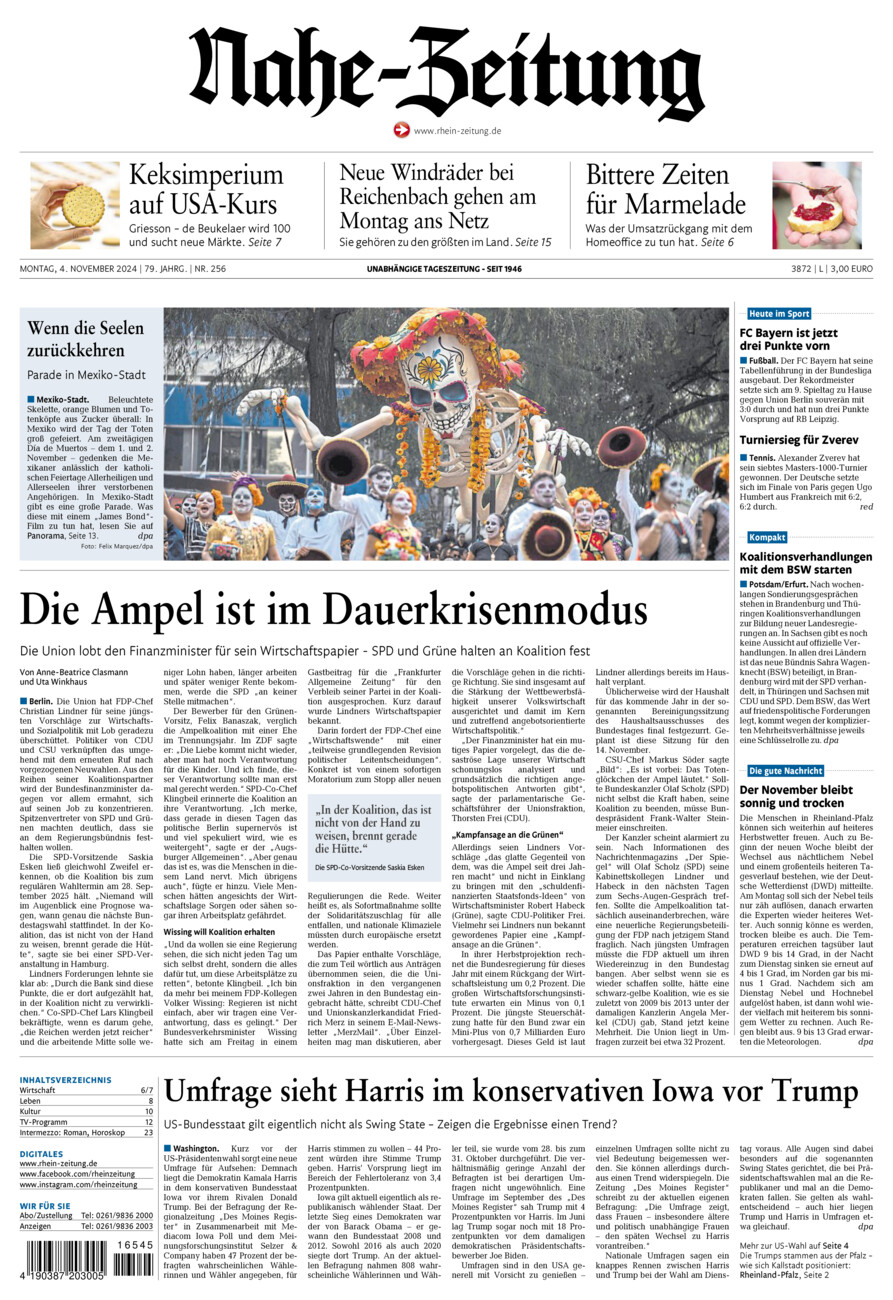 Nahe-Zeitung vom Montag, 04.11.2024