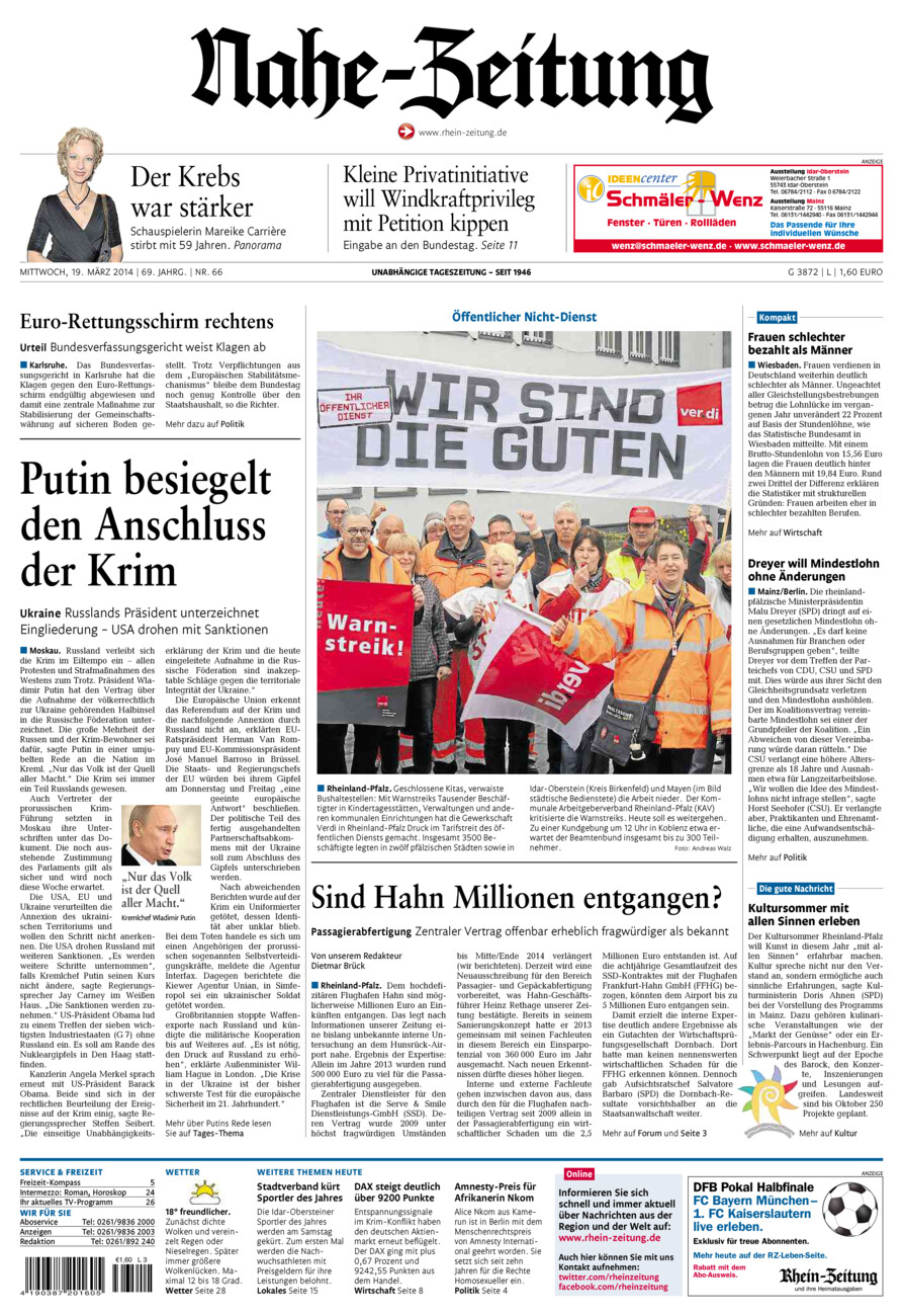 Nahe-Zeitung vom Mittwoch, 19.03.2014