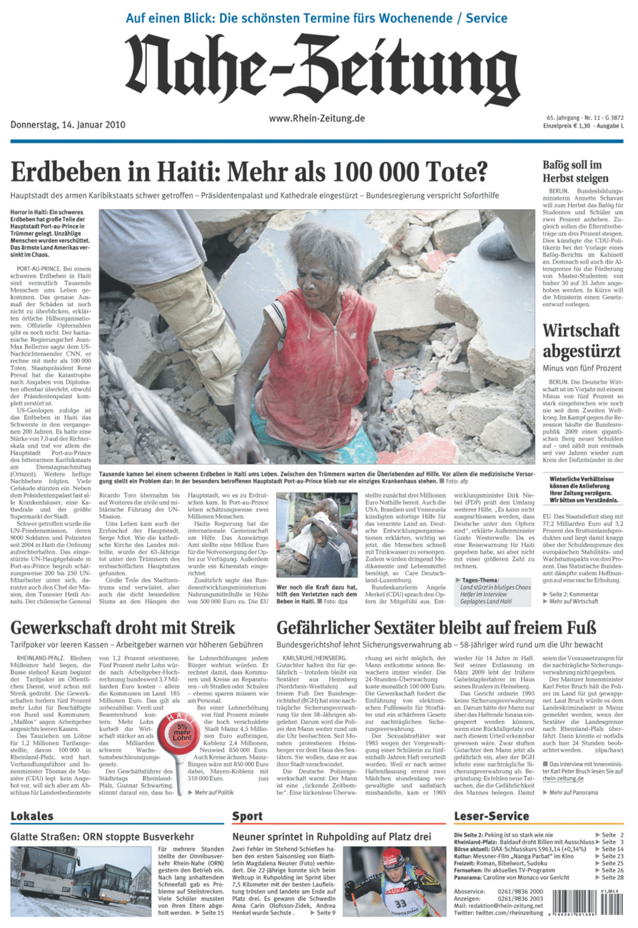 Nahe-Zeitung vom Donnerstag, 14.01.2010
