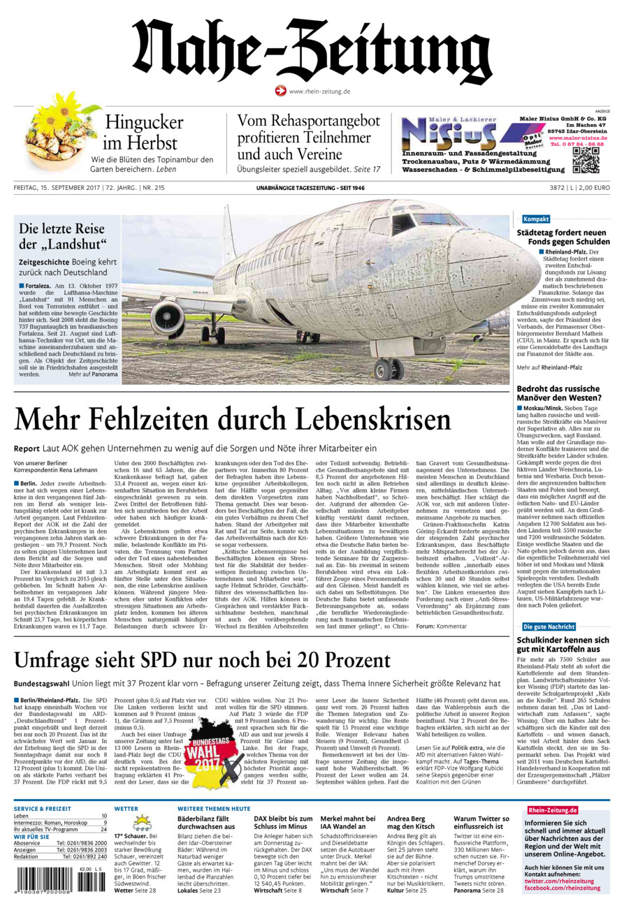 Nahe-Zeitung vom Freitag, 15.09.2017