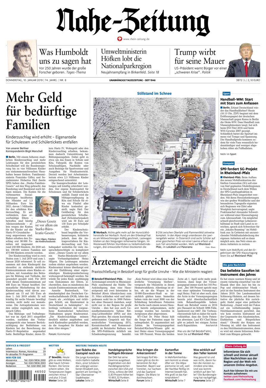 Nahe-Zeitung vom Donnerstag, 10.01.2019