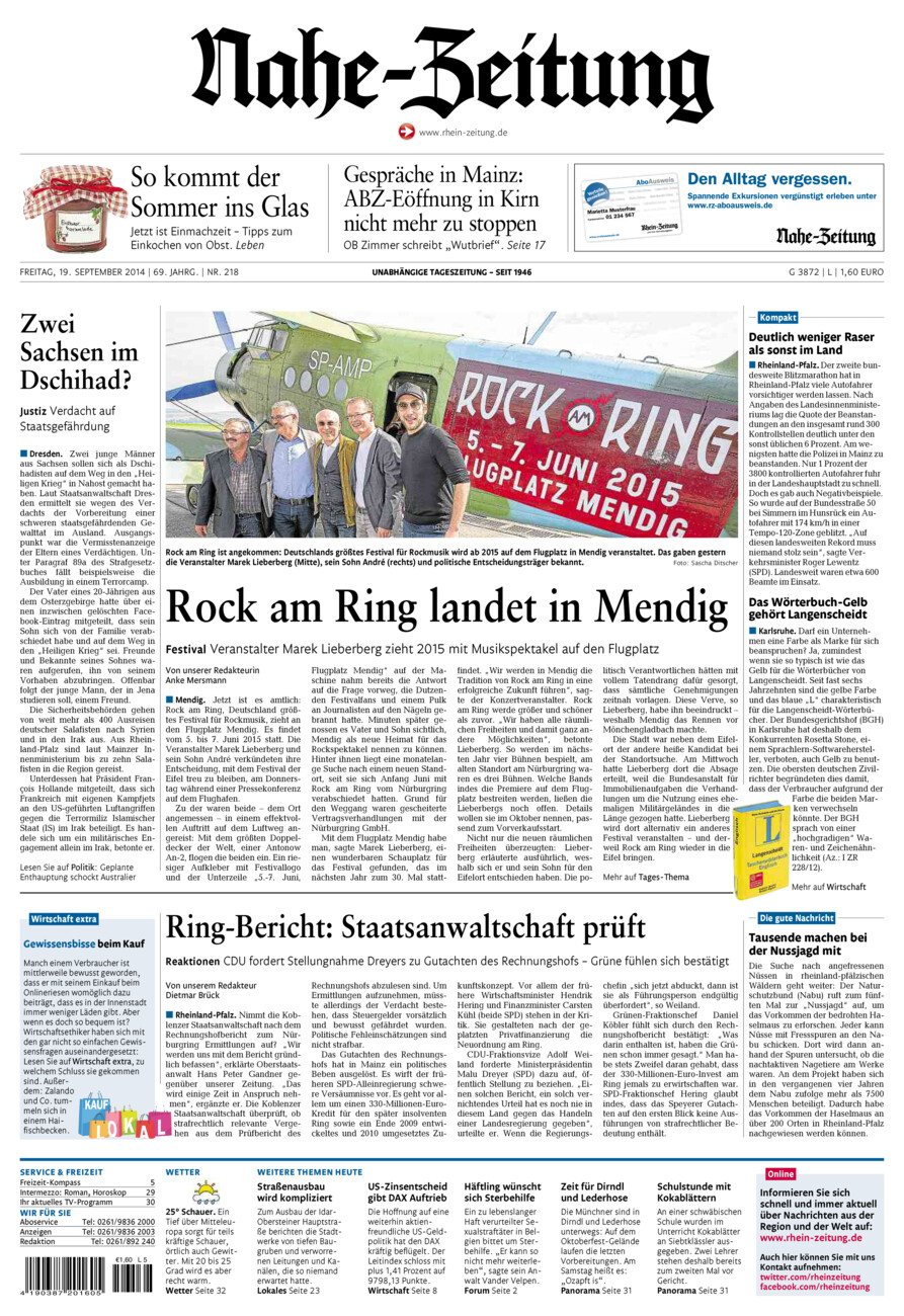 Nahe-Zeitung vom Freitag, 19.09.2014