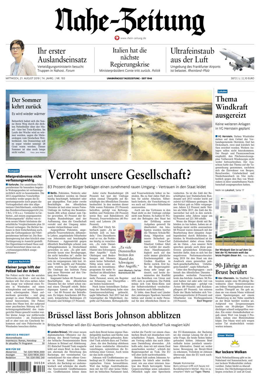 Nahe-Zeitung vom Mittwoch, 21.08.2019