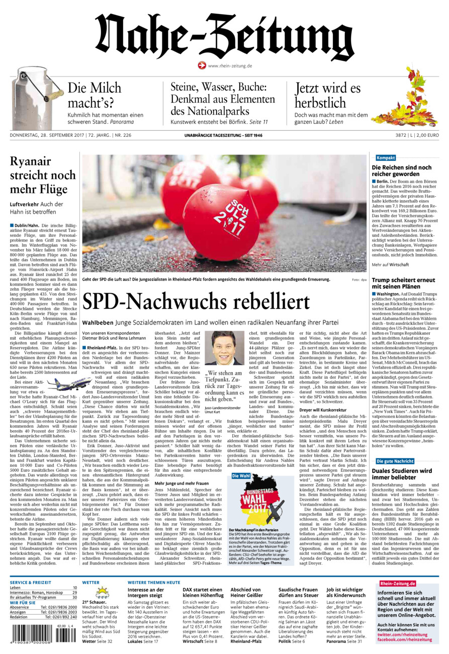 Nahe-Zeitung vom Donnerstag, 28.09.2017