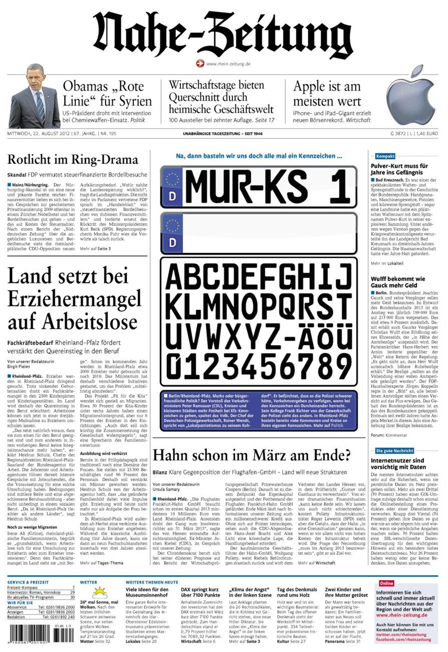 Nahe-Zeitung vom Mittwoch, 22.08.2012