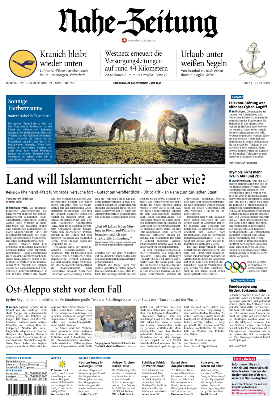 Nahe-Zeitung vom Dienstag, 29.11.2016