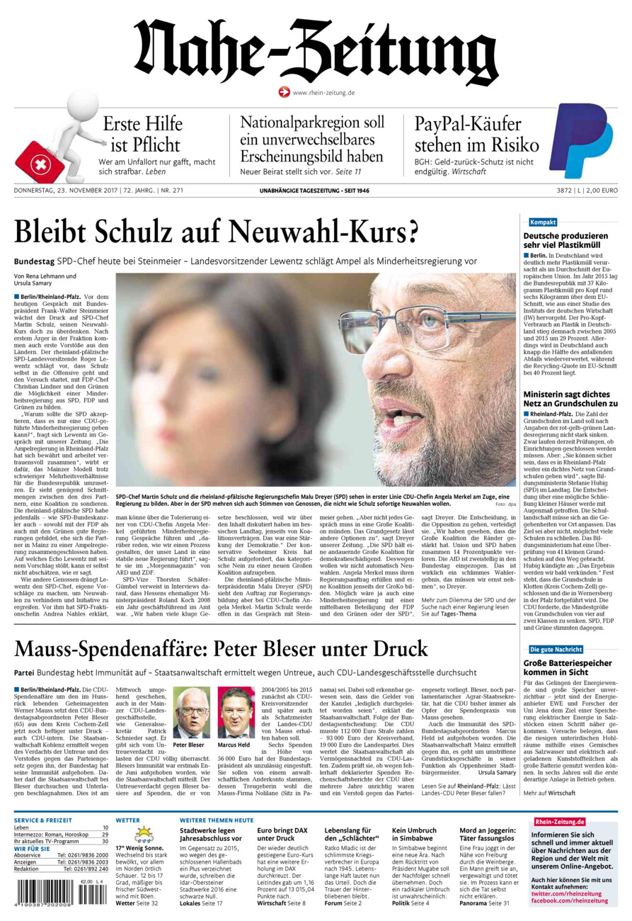 Nahe-Zeitung vom Donnerstag, 23.11.2017