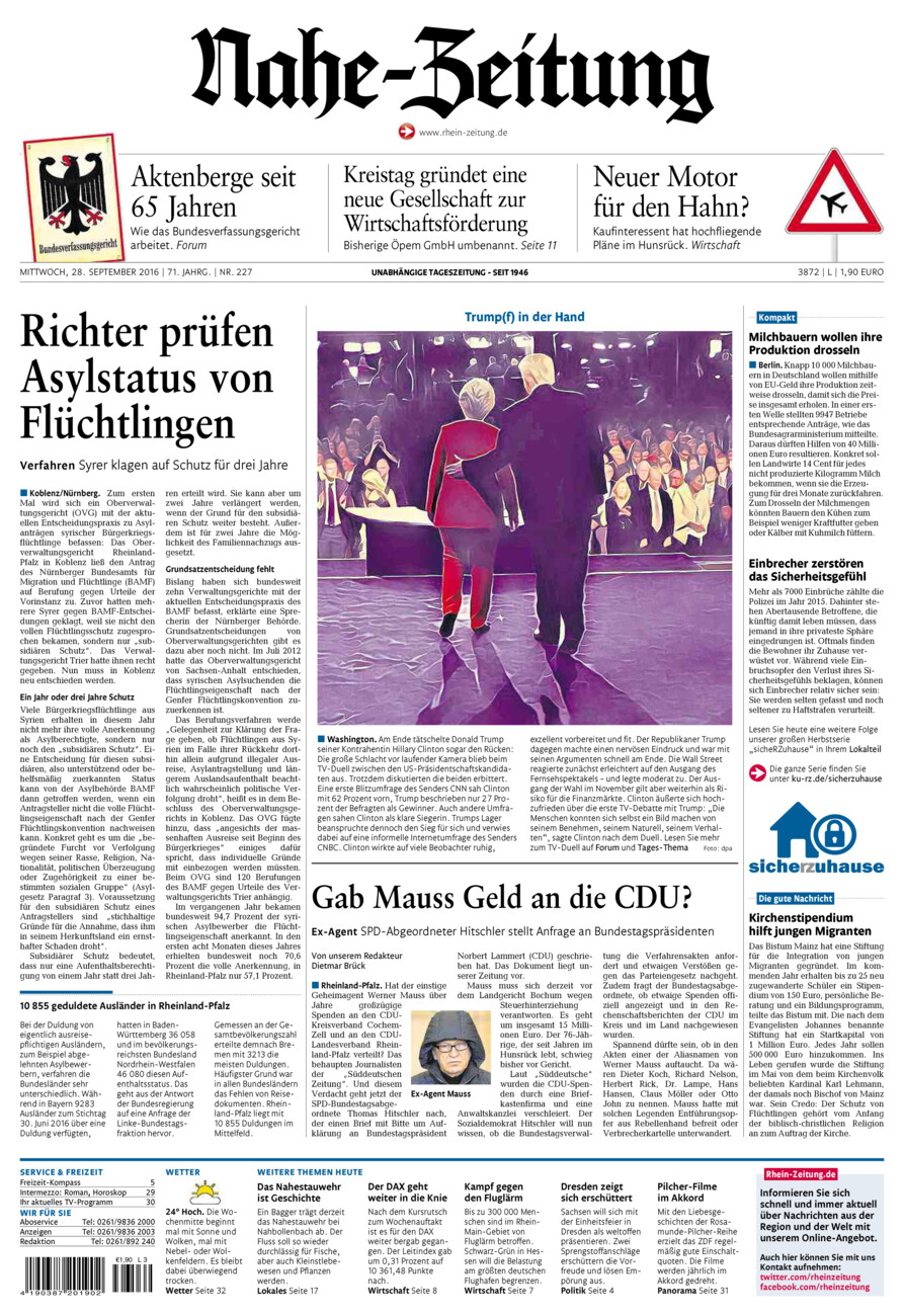 Nahe-Zeitung vom Mittwoch, 28.09.2016