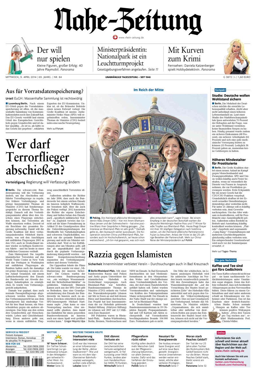 Nahe-Zeitung vom Mittwoch, 09.04.2014