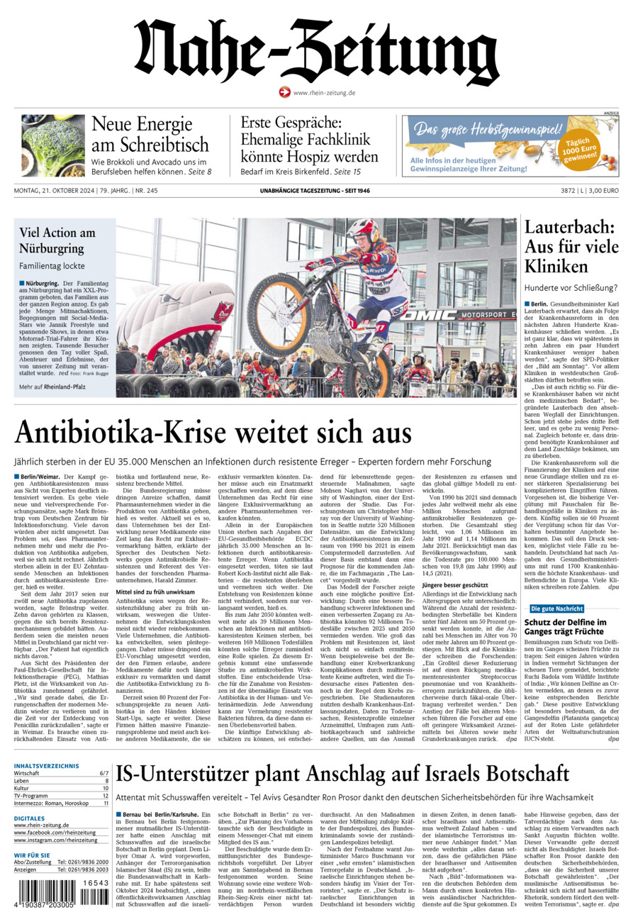 Nahe-Zeitung vom Montag, 21.10.2024