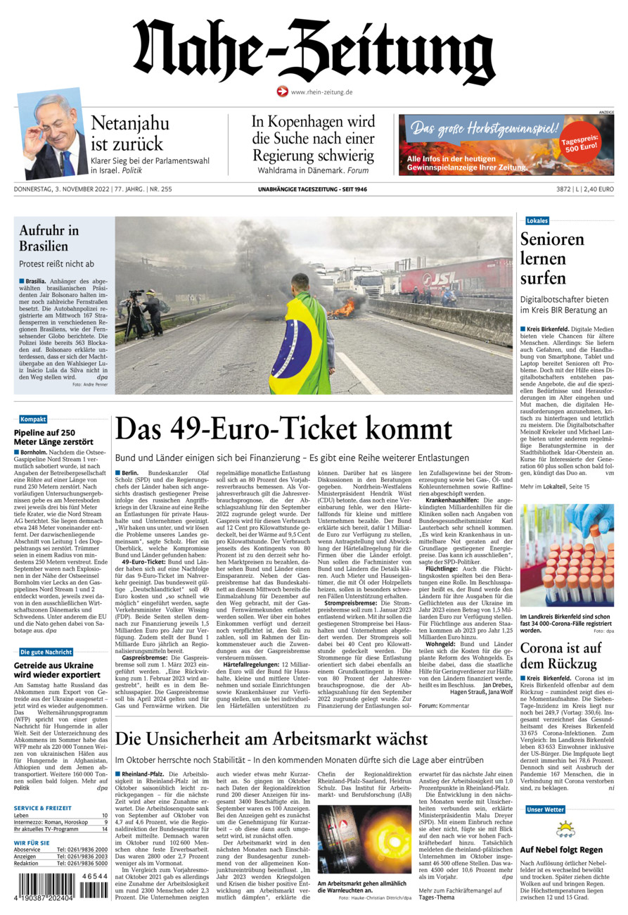 Nahe-Zeitung vom Donnerstag, 03.11.2022