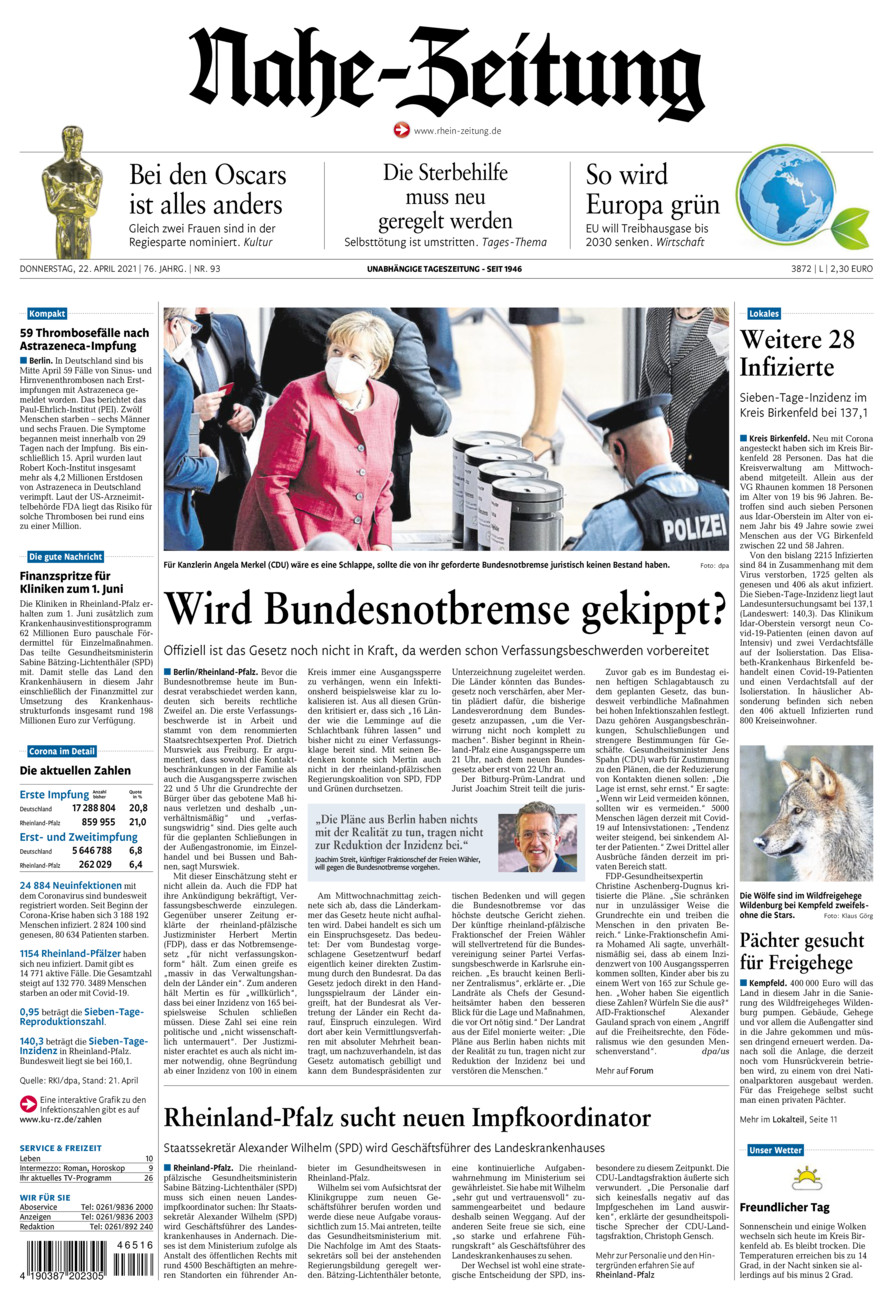 Nahe-Zeitung vom Donnerstag, 22.04.2021