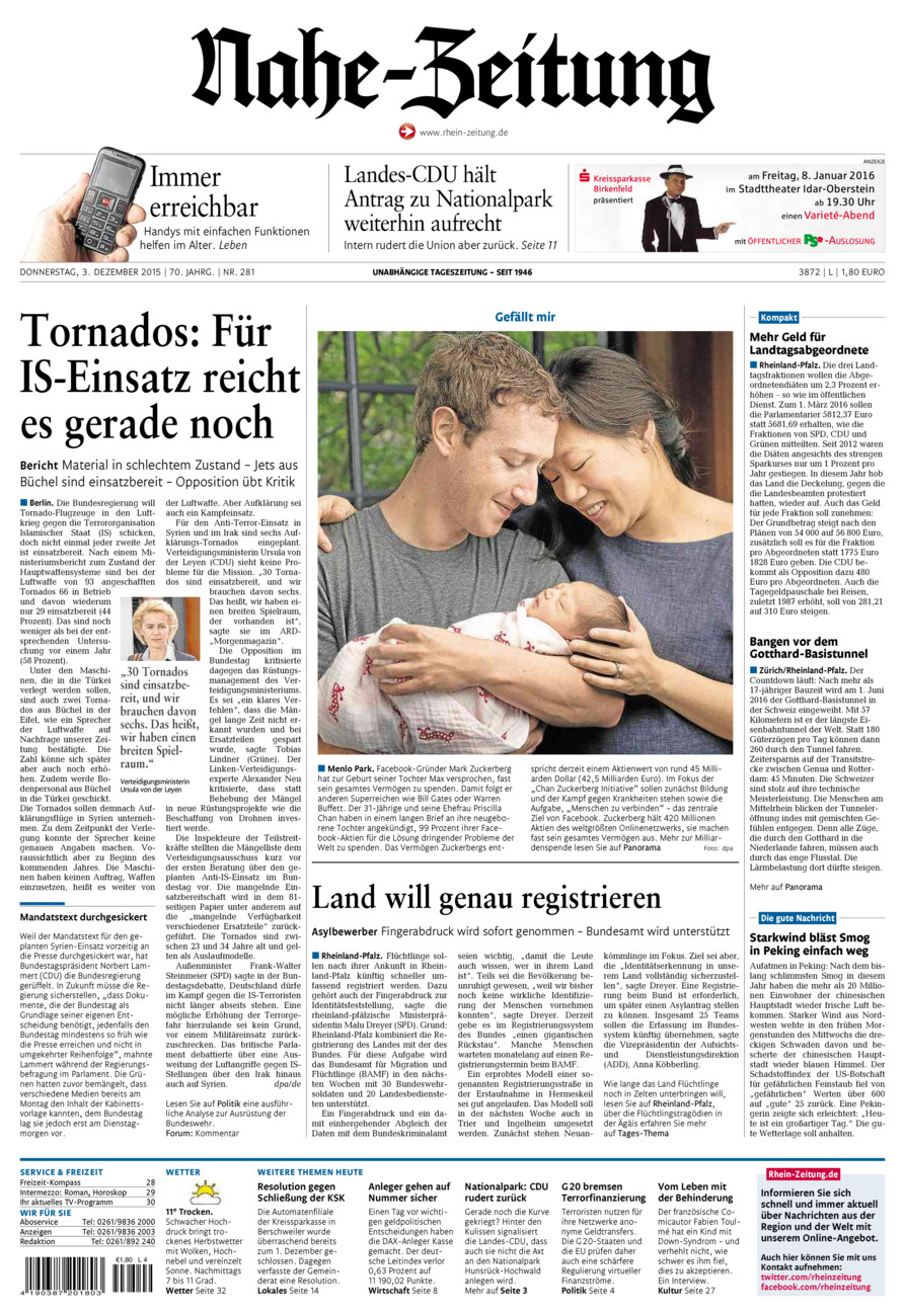 Nahe-Zeitung vom Donnerstag, 03.12.2015