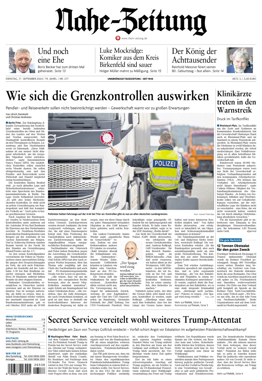 Nahe-Zeitung vom Dienstag, 17.09.2024