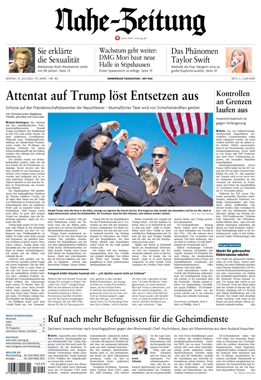 Nahe-Zeitung vom Montag, 15.07.2024