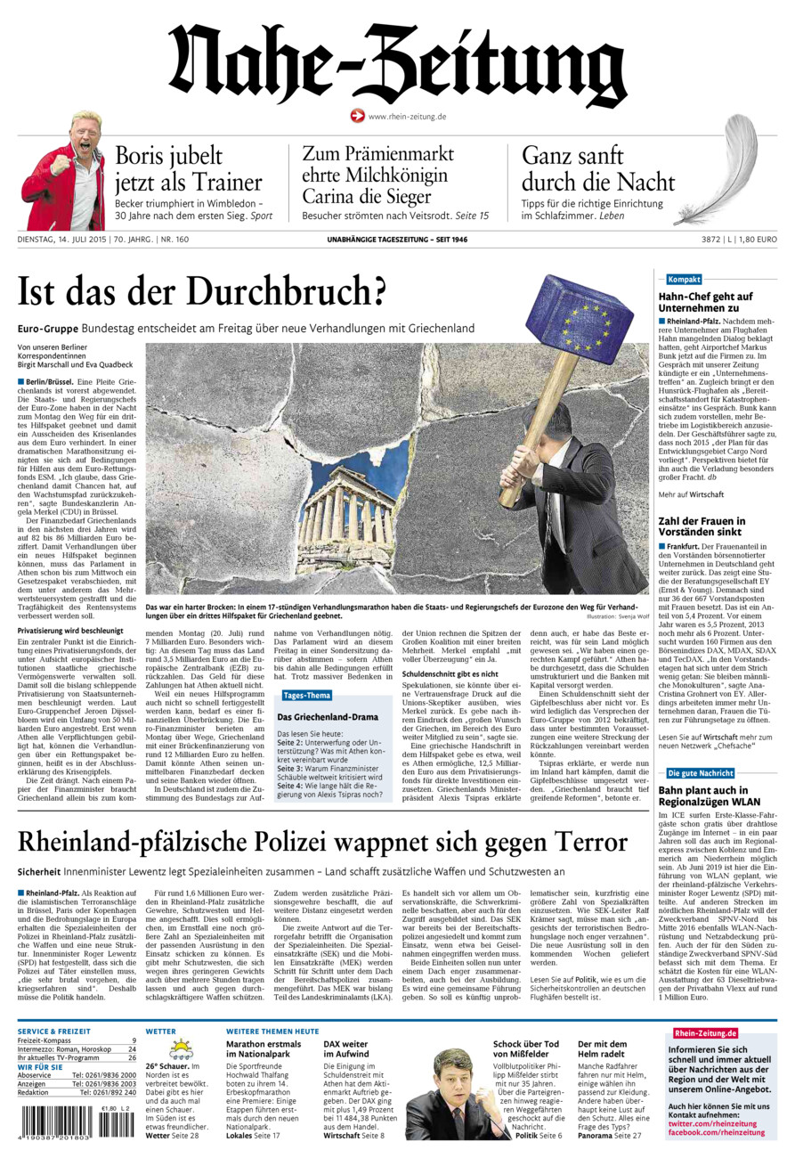 Nahe-Zeitung vom Dienstag, 14.07.2015