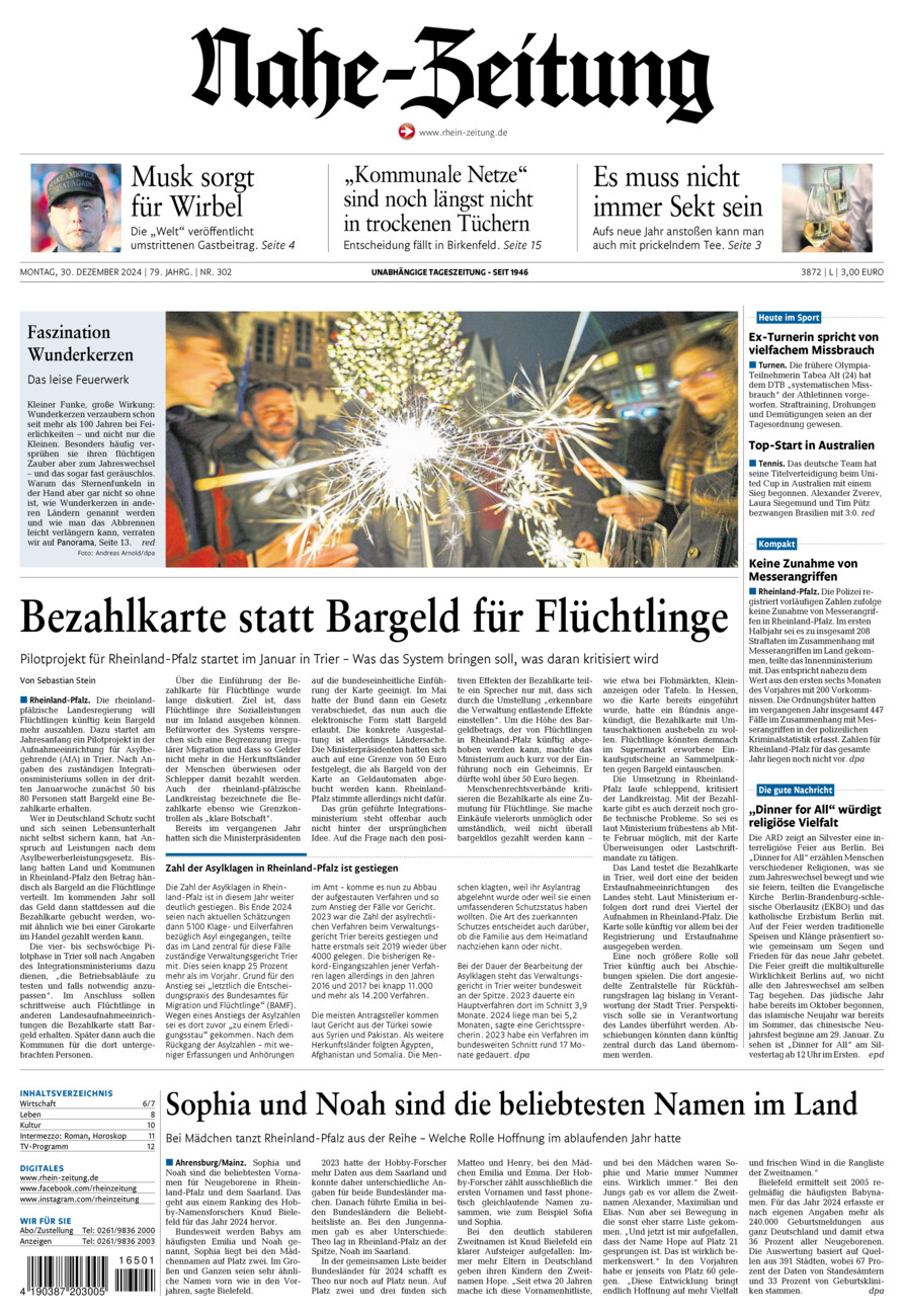 Nahe-Zeitung vom Montag, 30.12.2024