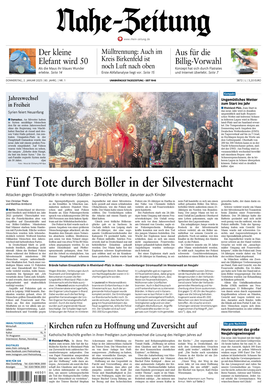 Nahe-Zeitung vom Donnerstag, 02.01.2025