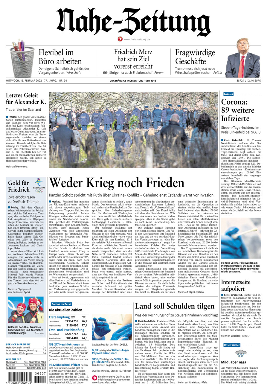 Nahe-Zeitung vom Mittwoch, 16.02.2022