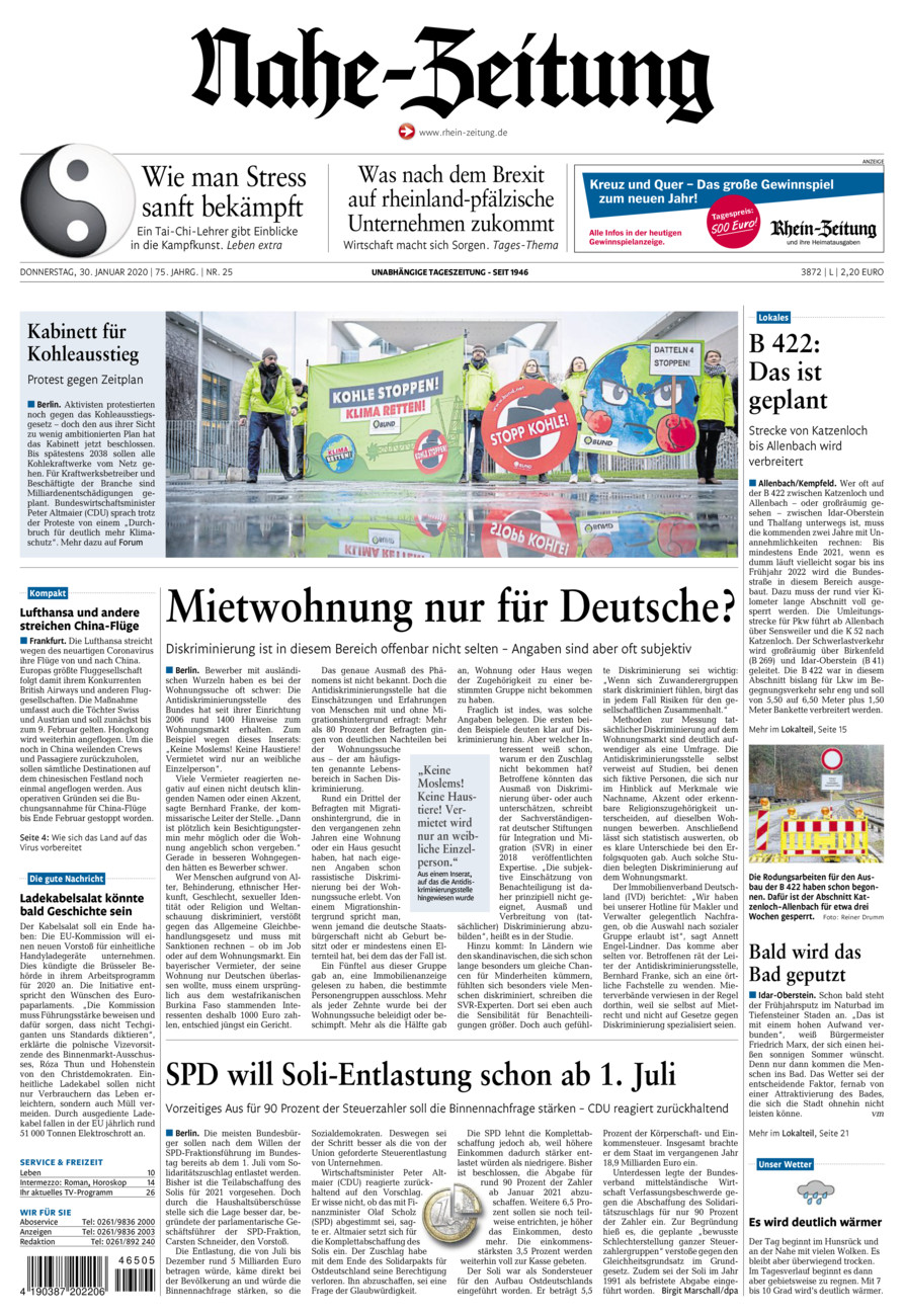 Nahe-Zeitung vom Donnerstag, 30.01.2020