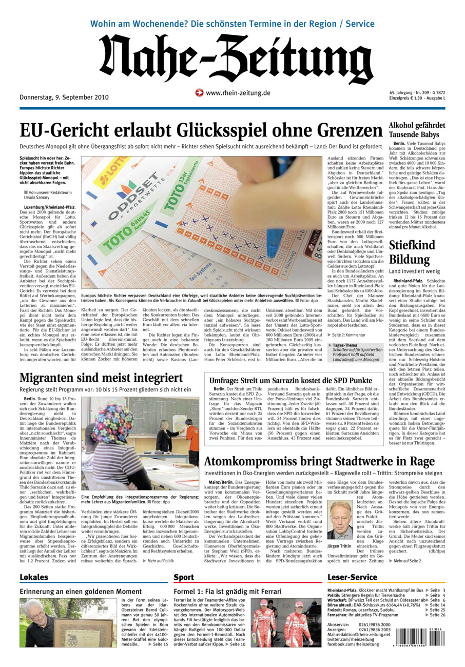 Nahe-Zeitung vom Donnerstag, 09.09.2010