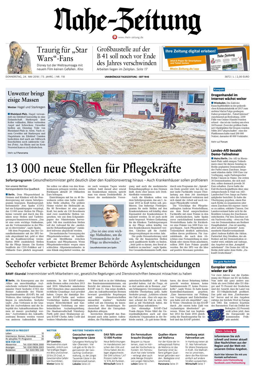 Nahe-Zeitung vom Donnerstag, 24.05.2018