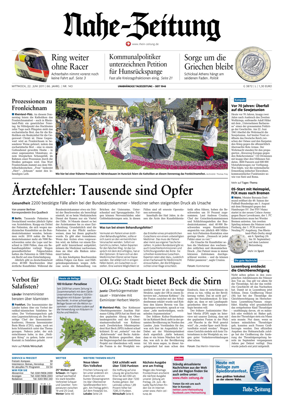 Nahe-Zeitung vom Mittwoch, 22.06.2011