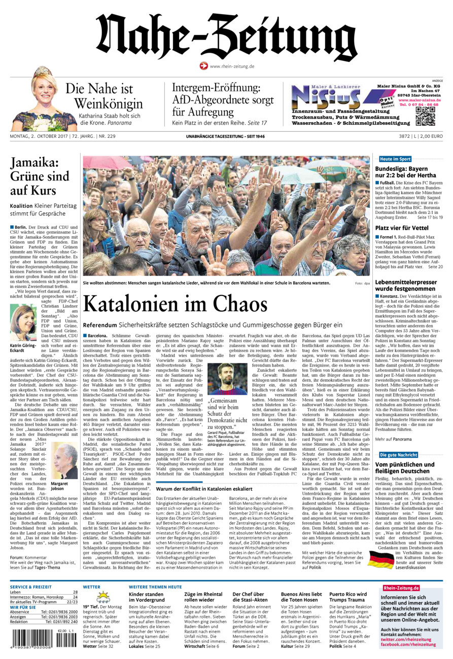 Nahe-Zeitung vom Montag, 02.10.2017