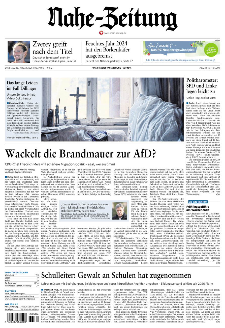 Nahe-Zeitung vom Samstag, 25.01.2025