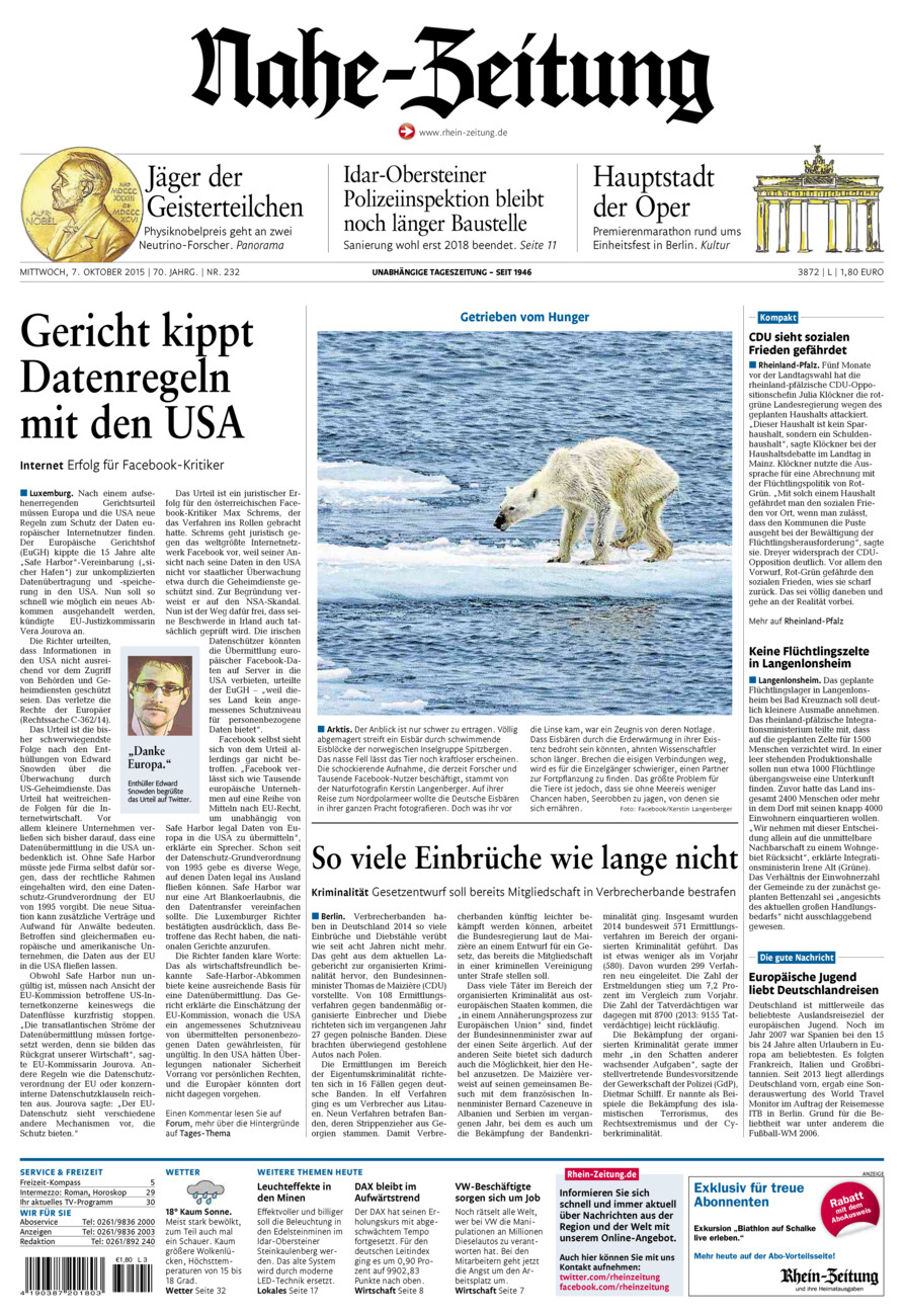 Nahe-Zeitung vom Mittwoch, 07.10.2015