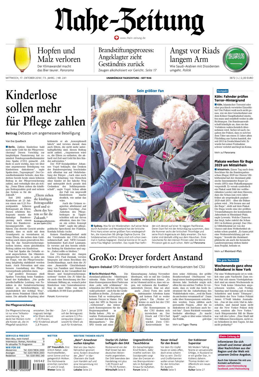 Nahe-Zeitung vom Mittwoch, 17.10.2018