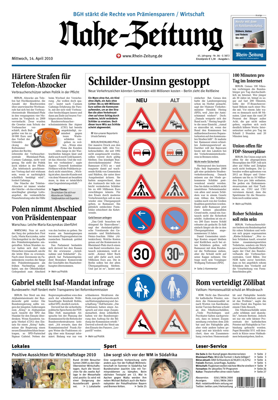 Nahe-Zeitung vom Mittwoch, 14.04.2010