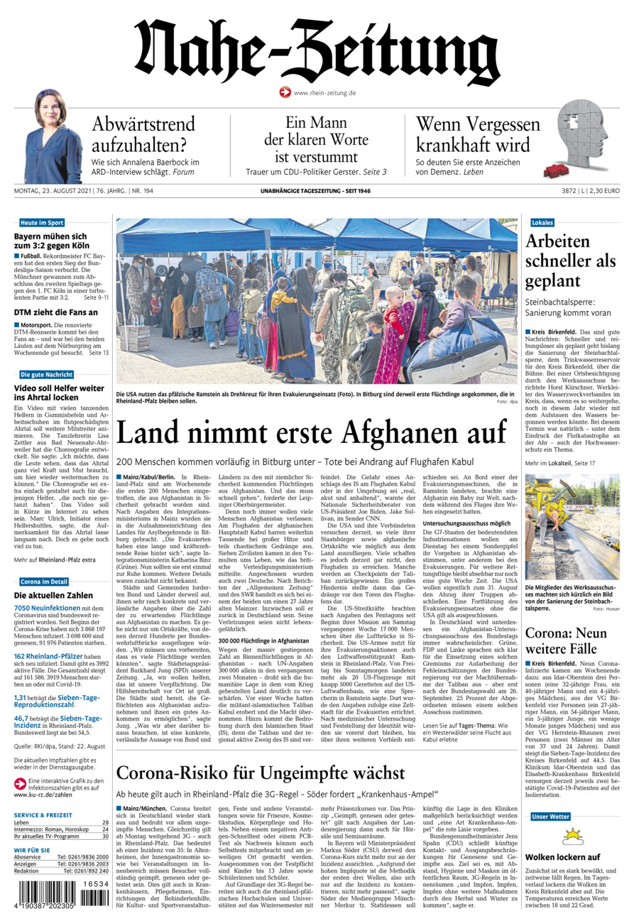 Nahe-Zeitung vom Montag, 23.08.2021