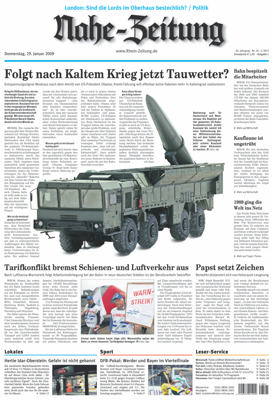 Nahe-Zeitung vom Donnerstag, 29.01.2009