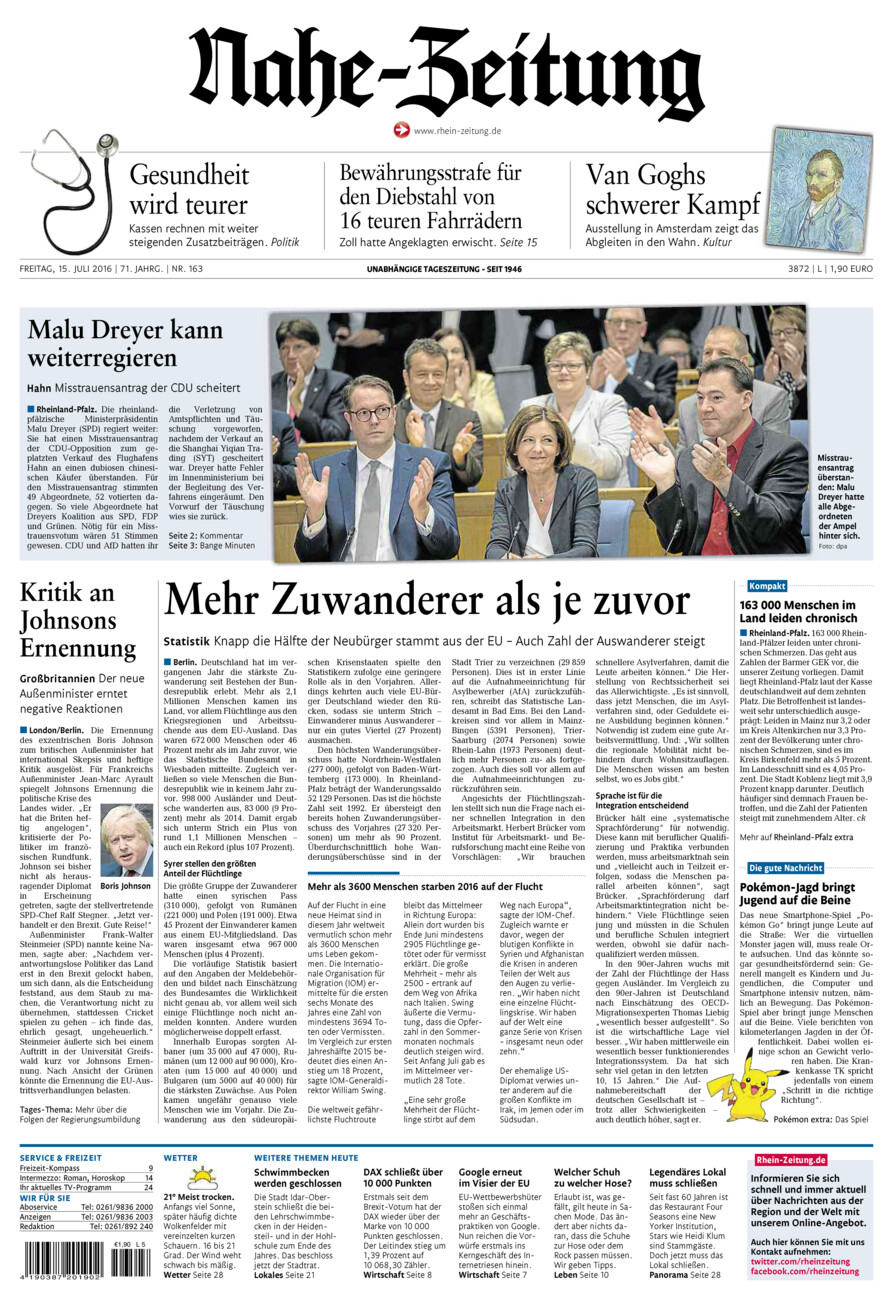 Nahe-Zeitung vom Freitag, 15.07.2016