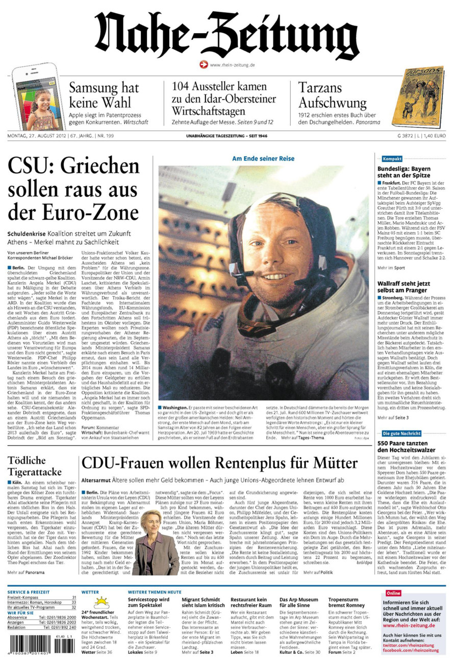 Nahe-Zeitung vom Montag, 27.08.2012