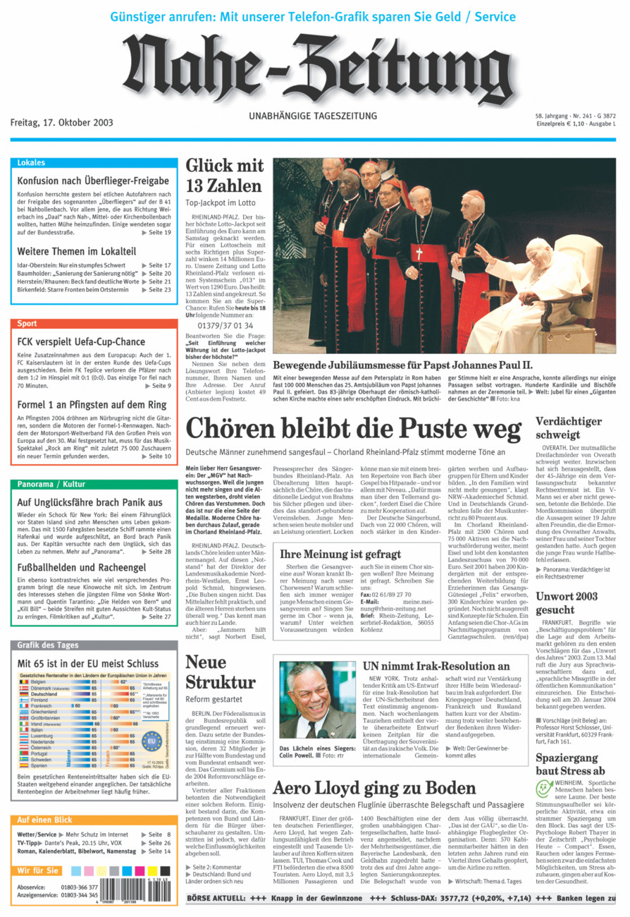 Nahe-Zeitung vom Freitag, 17.10.2003